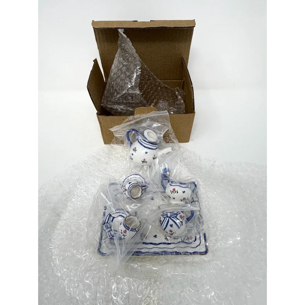 Miniature Tea Set Blue White Floral Roses Tray Dollhouse Display Original Box
